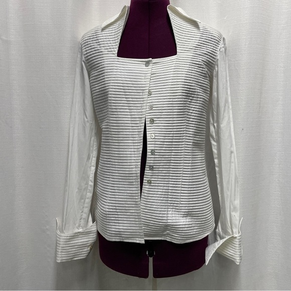 White stylish, unique button up coloured ribbed folds blouse, long sleeve - Picture 1 of 16